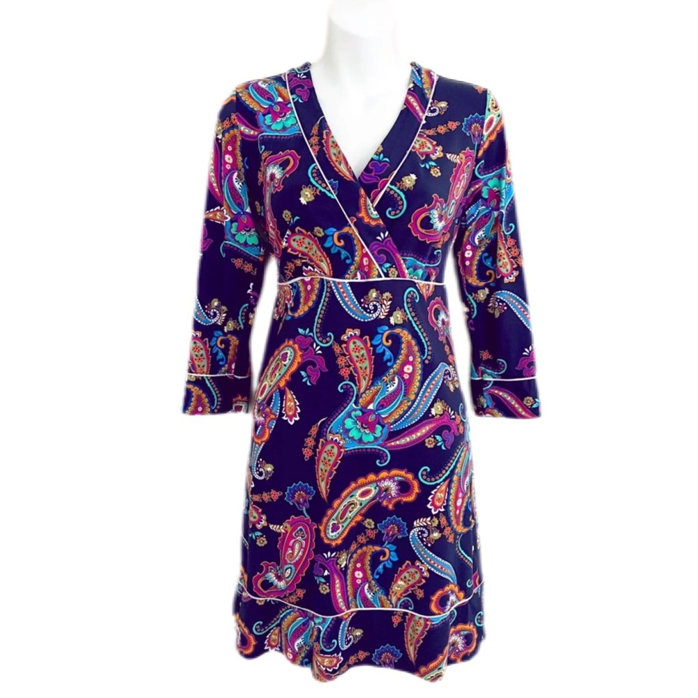Land’s End dress, size XLP. Navy paisley floral, crossover v-neck, stretch VGUC